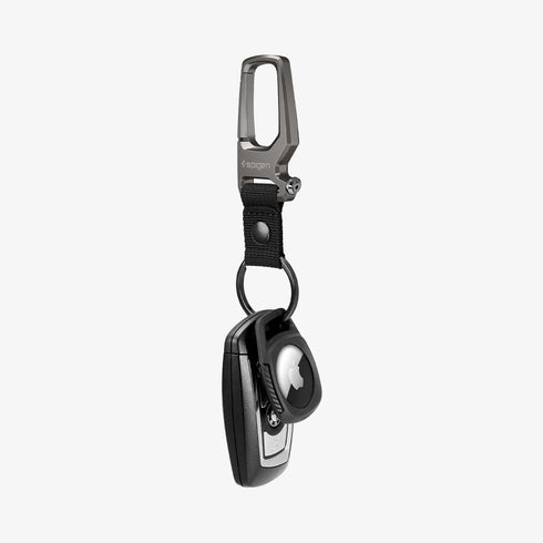 AMP01565 - AirTag Case Rugged Armor showing the front and side with carabiner opened
